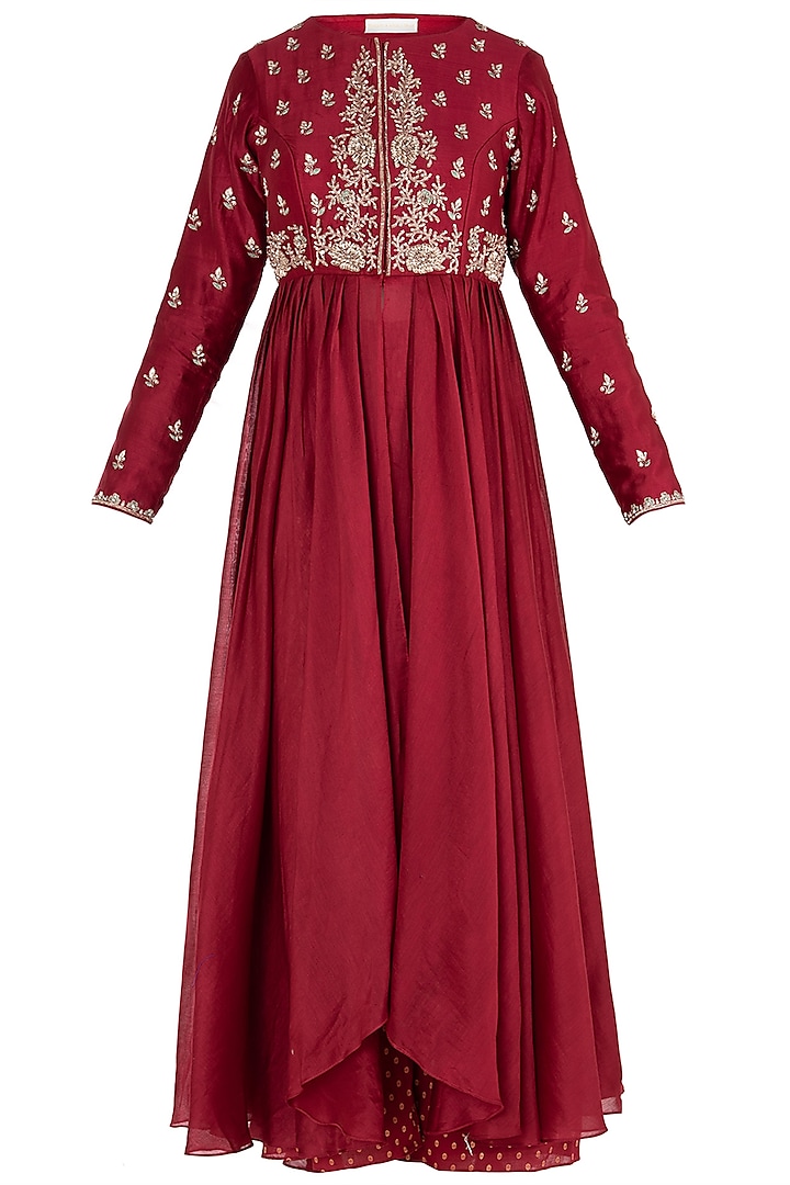 Red Embroidered Anarkali with Pants by Himani And Anjali Shah