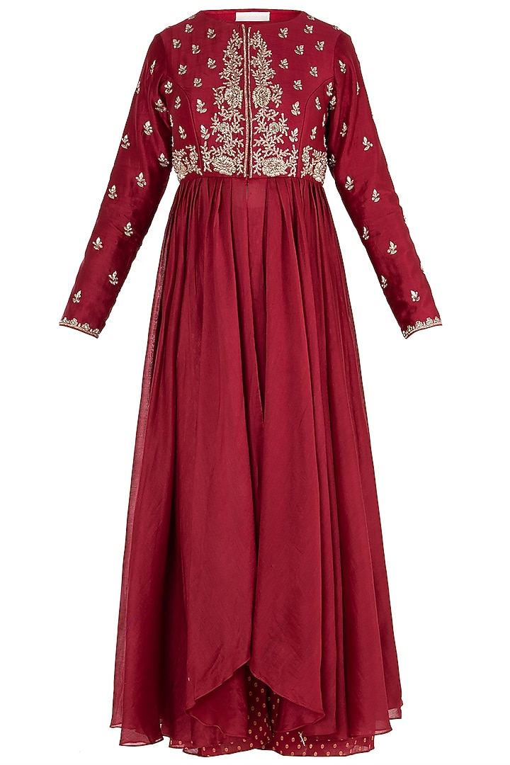 Red embroidered anarkali with pants available only at Pernia's Pop Up Shop.