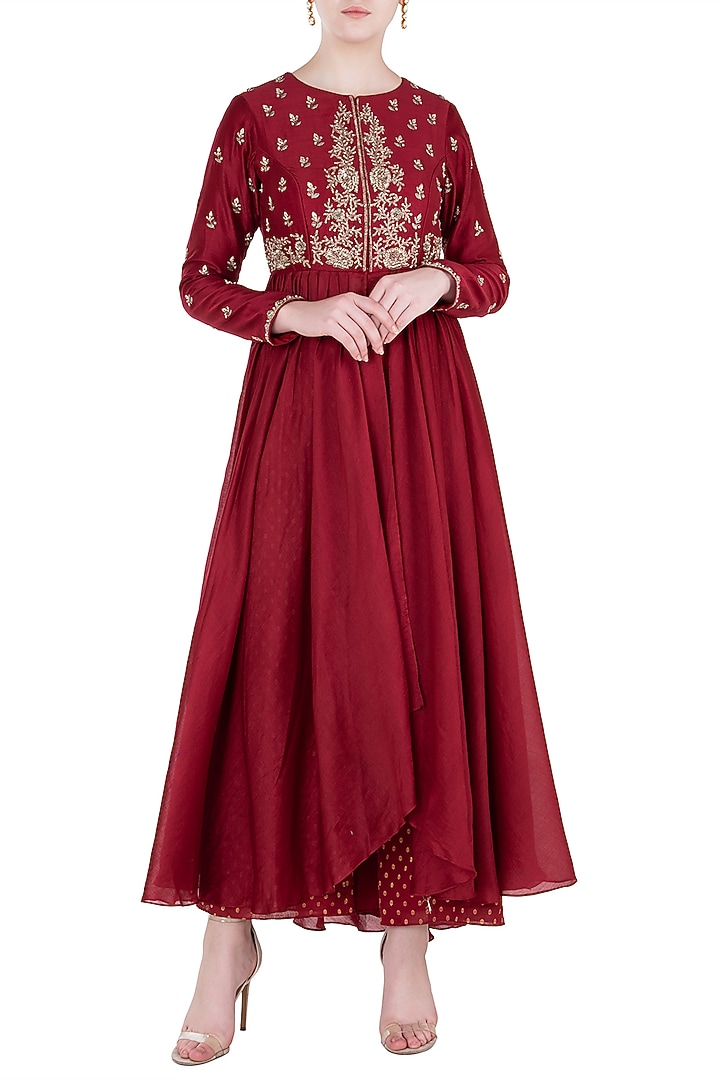 Red embroidered anarkali with pants available only at Pernia's Pop Up Shop.