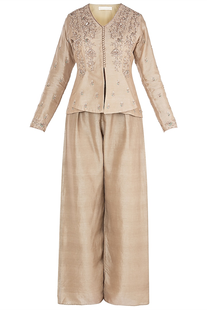 Beige Embroidered Jacket with Flared Pants by Himani And Anjali Shah