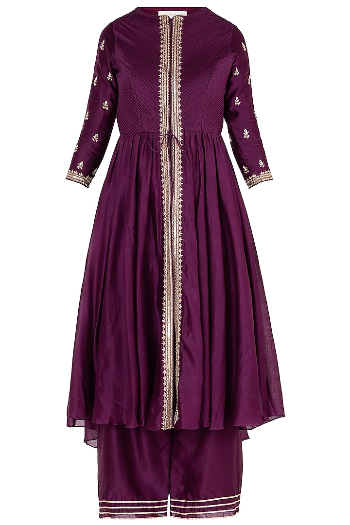 Wine embroidered tunic with pants by Himani And Anjali Shah