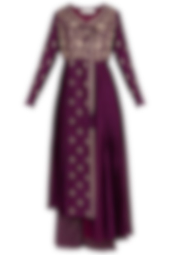 Wine Front Open Embroidered Jacket with Pants by Himani And Anjali Shah