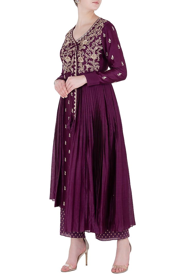 Wine front open embroidered jacket with pants available only at Pernia's Pop Up Shop.