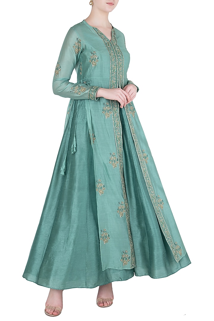 Sea green block printed jacket with anarkali available only at Pernia's Pop Up Shop.