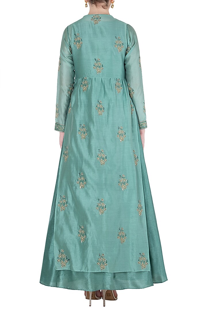 Sea green block printed jacket with anarkali available only at Pernia's Pop Up Shop.