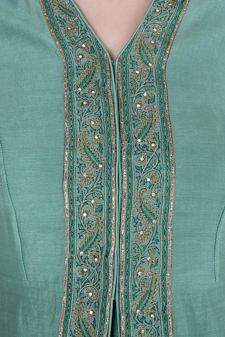 Sea green block printed jacket with anarkali available only at Pernia's Pop Up Shop.