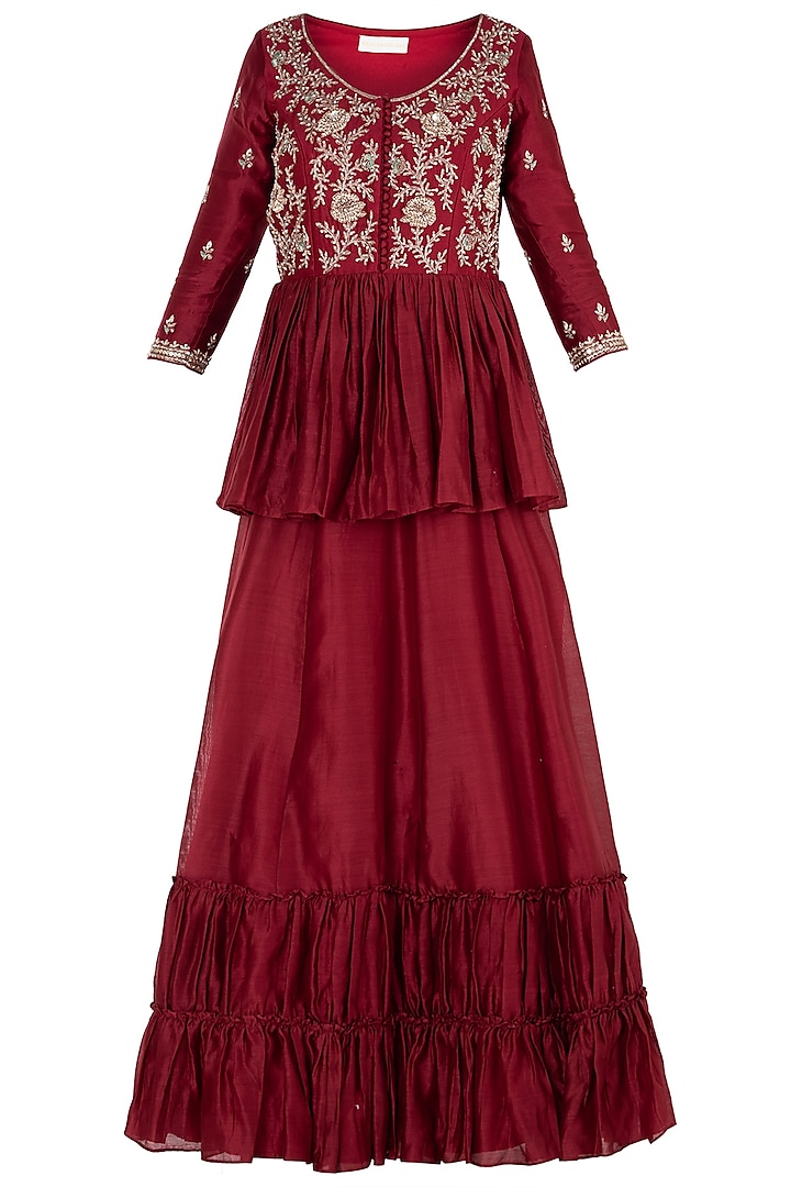 Red Embroidered Kurta with Skirt and Dupatta by Himani And Anjali Shah