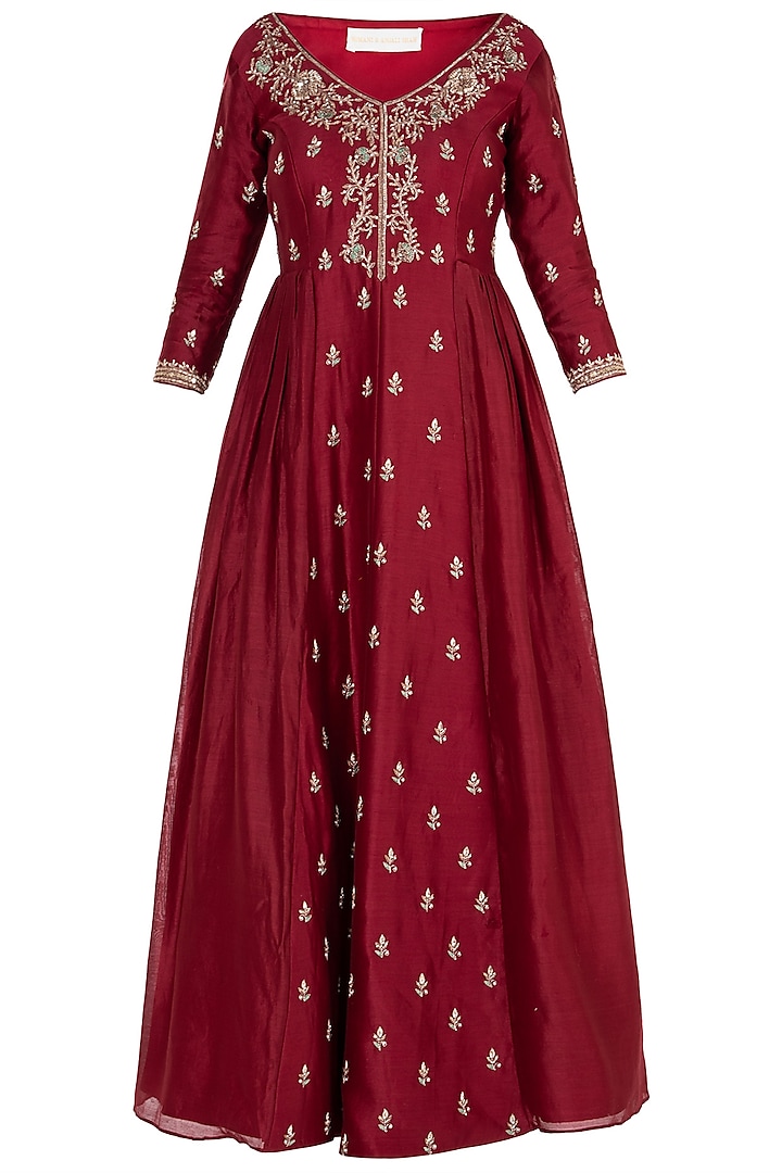 Red Embroidered Anarkali with Dupatta by Himani And Anjali Shah