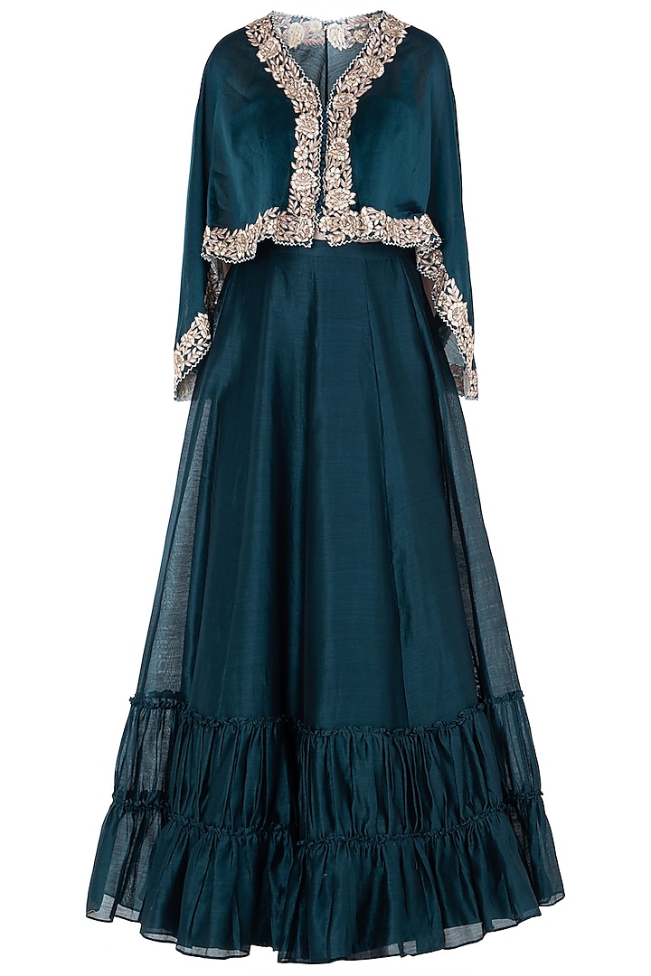 Navy Blue Embroidered Cape with Tiered Skirt by Himani And Anjali Shah