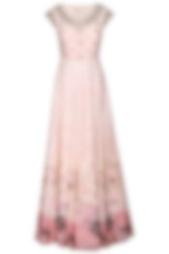 Salmon pink printed anarkali gown with belt by Himani And Anjali Shah