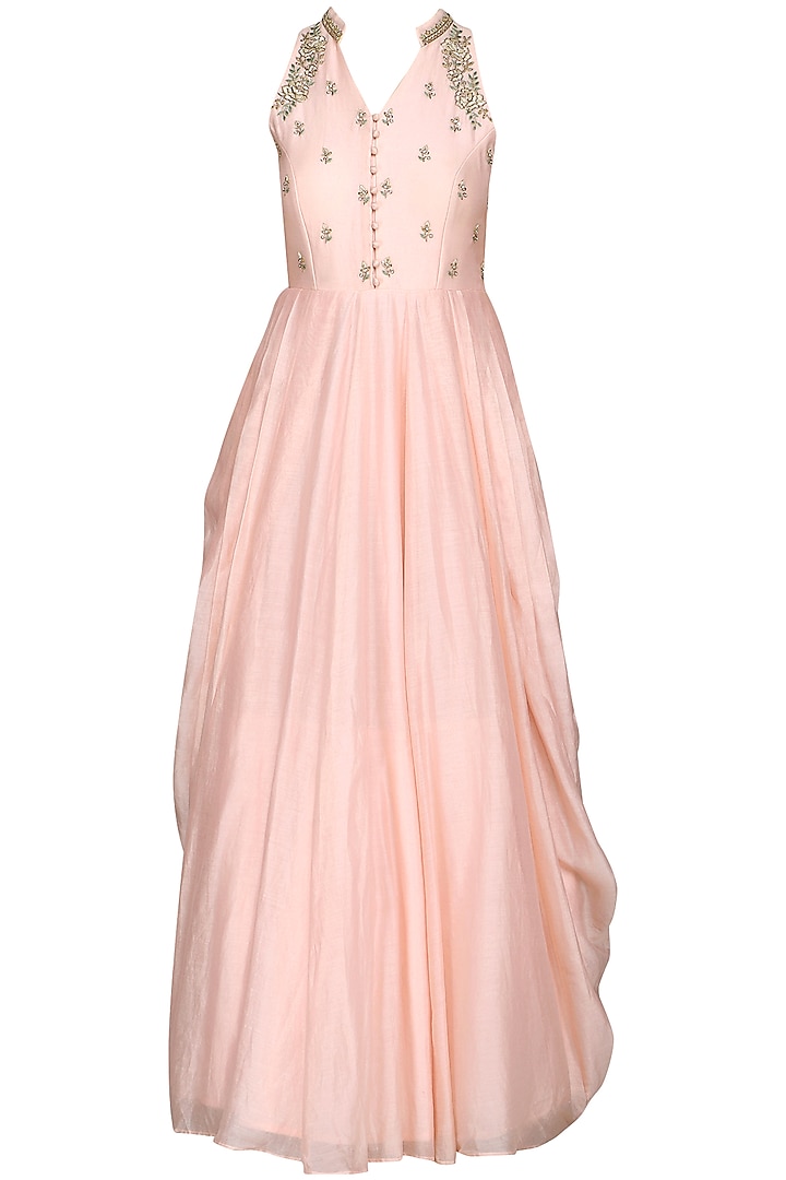 Salmon Pink Embroidered Anarkali Gown by Himani And Anjali Shah