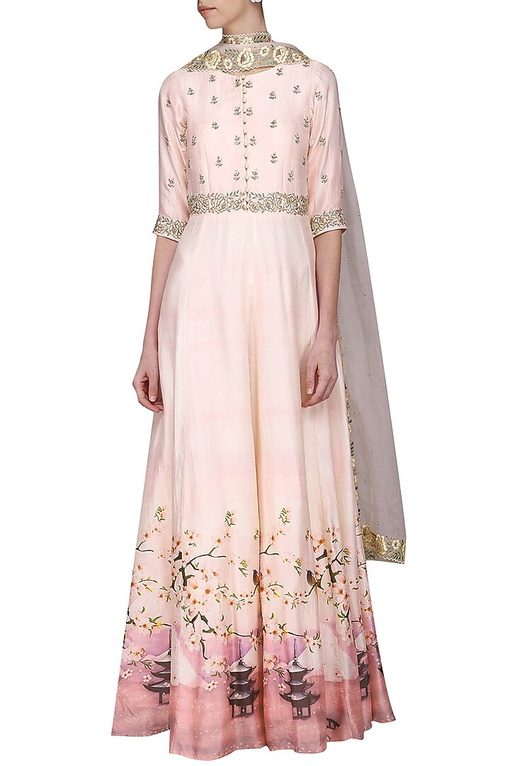 Salmon pink zardozi embroidered anarkali gown available only at Pernia's Pop Up Shop.