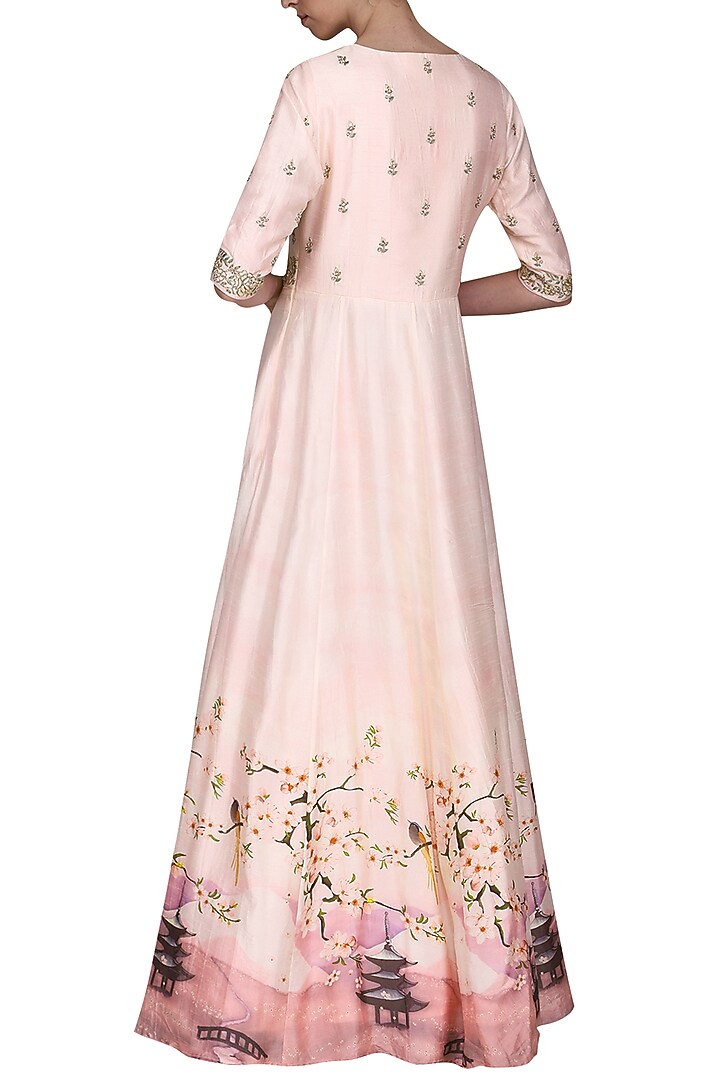 Salmon pink zardozi embroidered anarkali gown available only at Pernia's Pop Up Shop.
