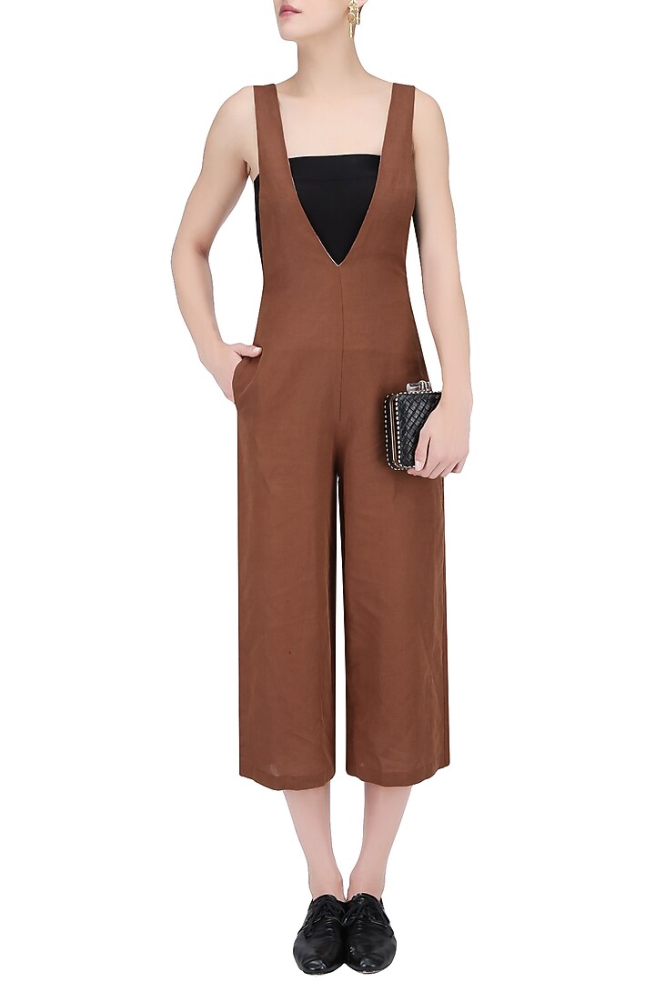 Rust brown v neck sleeveless jumpsuit available only at Pernia's Pop Up Shop.