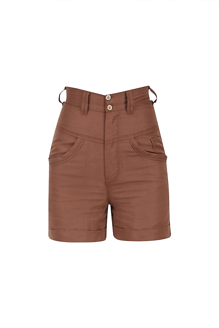Rust Brown High Waisted Linen Shorts by House of Sohn