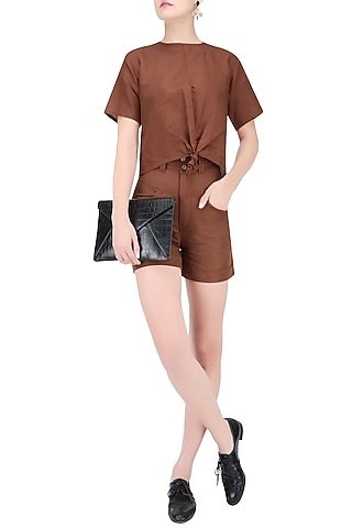 Rust Brown High Waisted Linen Shorts by House of Sohn
