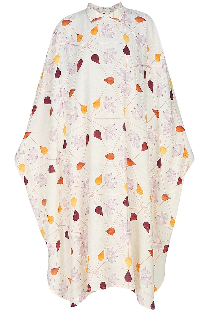 Cream droplets and autumn leaves printed kaftan by House of Sohn
