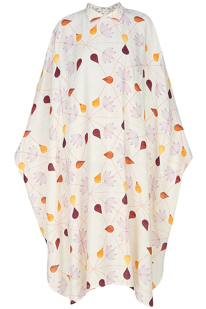 Cream droplets and autumn leaves printed kaftan available only at Pernia's Pop Up Shop.