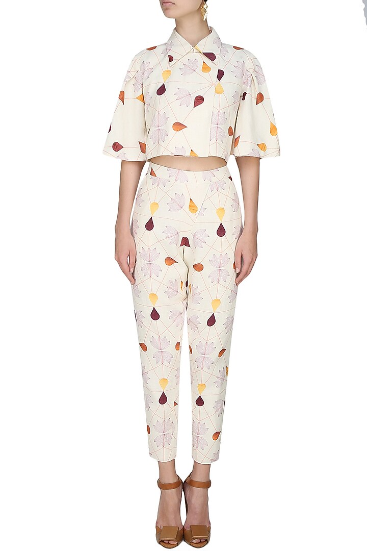 Cream droplets and autumn leaves printed crop blazer available only at Pernia's Pop Up Shop.
