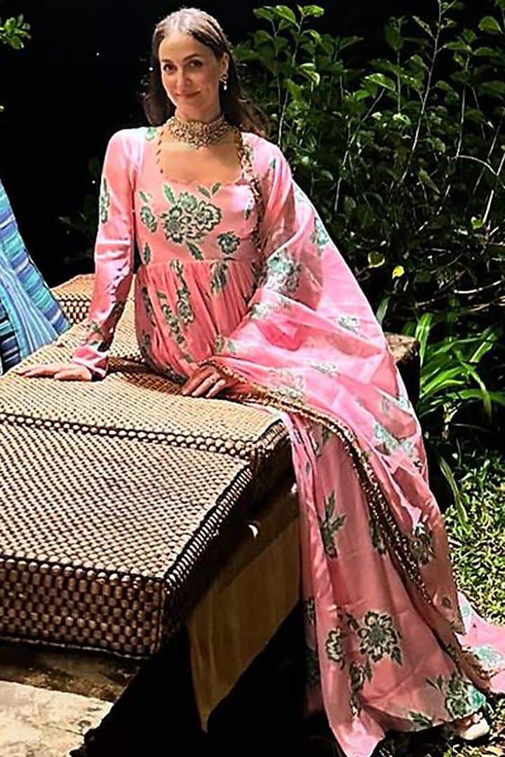 Baby Pink Georgette Satin Floral Printed Scalloped Anarkali Set by Harshita Singhvi at Pernia's Pop Up Shop