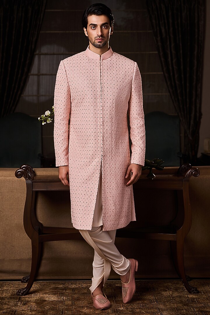 Peach Raw Silk Resham Embroidered Groom Sherwani Set by Histori at Pernia's Pop Up Shop