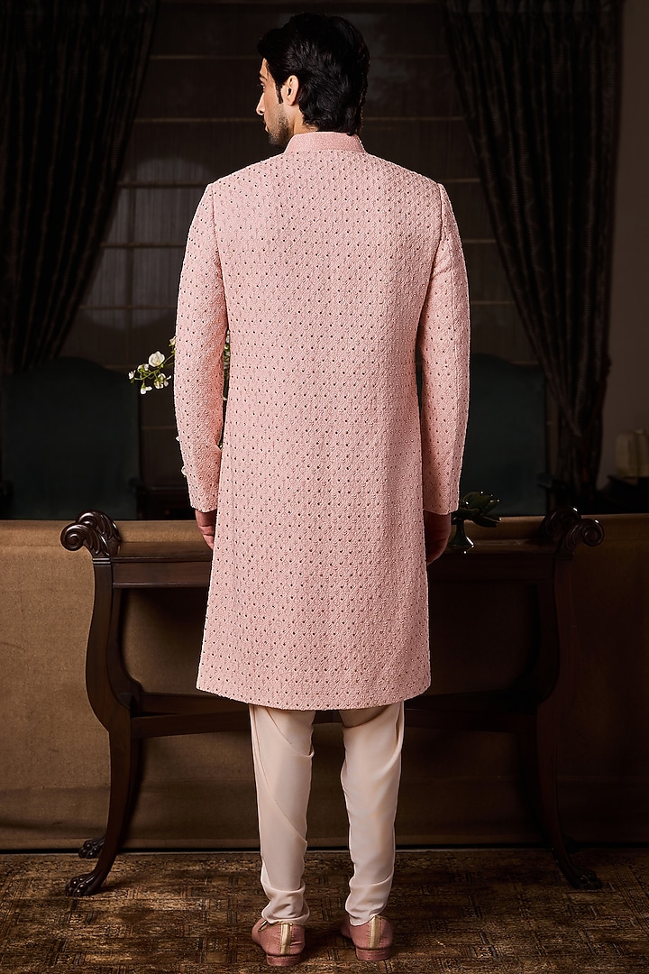 Peach Raw Silk Resham Embroidered Groom Sherwani Set by Histori at Pernia's Pop Up Shop