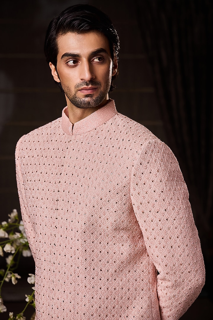 Peach Raw Silk Resham Embroidered Groom Sherwani Set by Histori at Pernia's Pop Up Shop