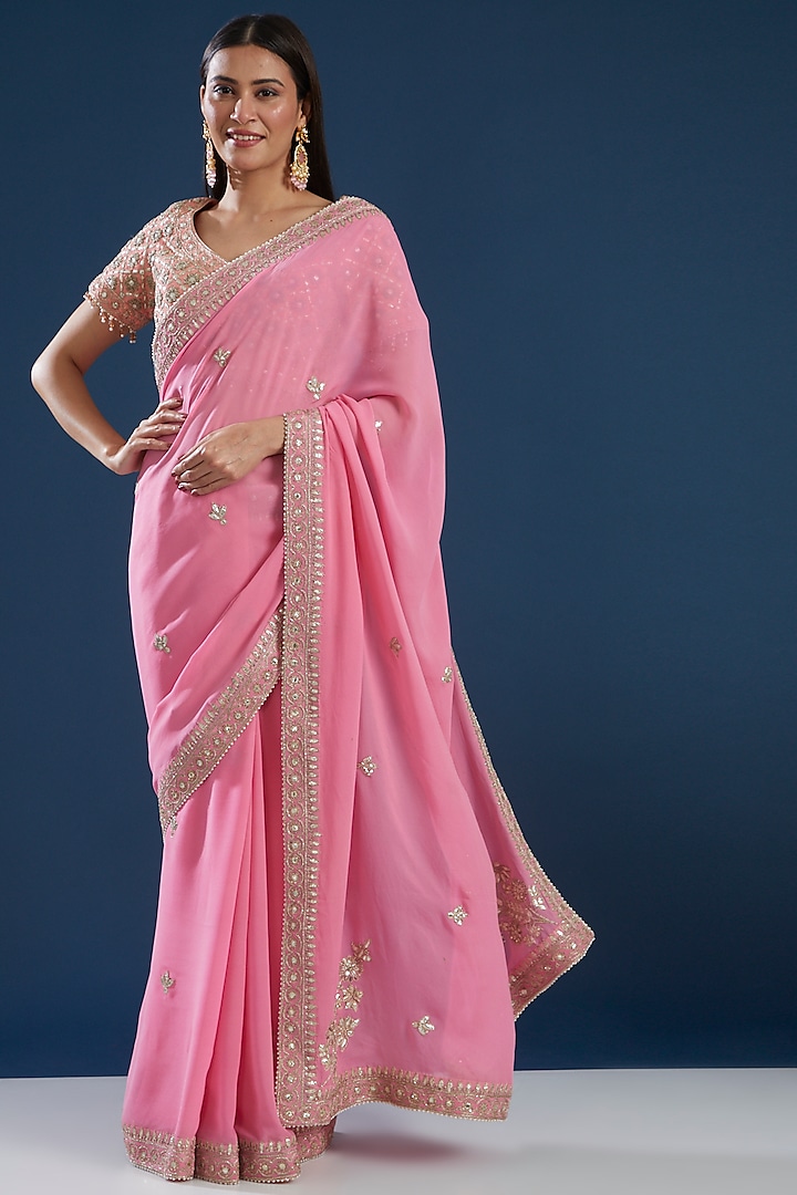 Pink Pure Silk Georgette Embroidered Saree Set by House of Supriya