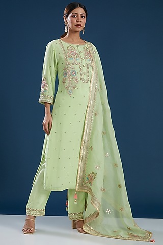 Green Pure Silk Georgette Embroidered Kurta Set by House of Supriya