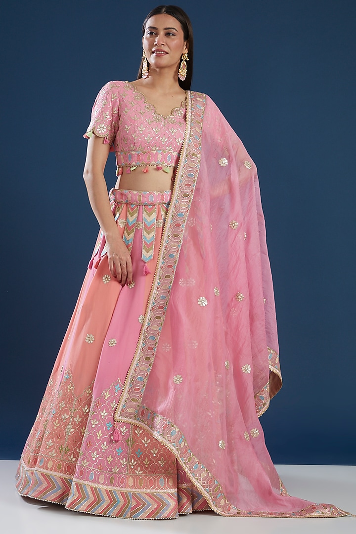 Pink Pure Silk Georgette Embroidered Wedding Lehenga Set by House of Supriya at Pernia's Pop Up Shop