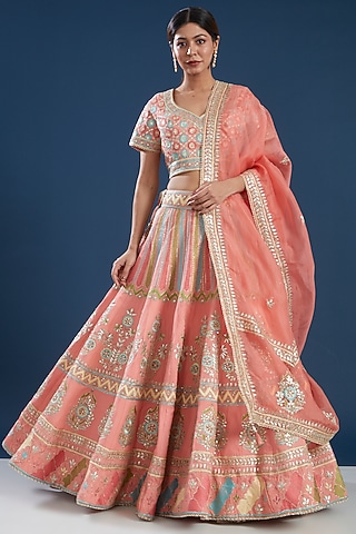 Orange Pure Silk Georgette Embroidered Lehenga Set by House of Supriya
