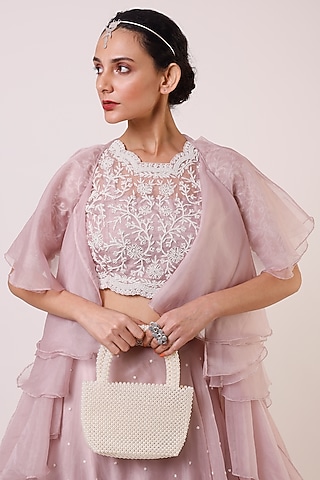White Velvet Pearl Hand Bag by HANDLE THOSE BAGS