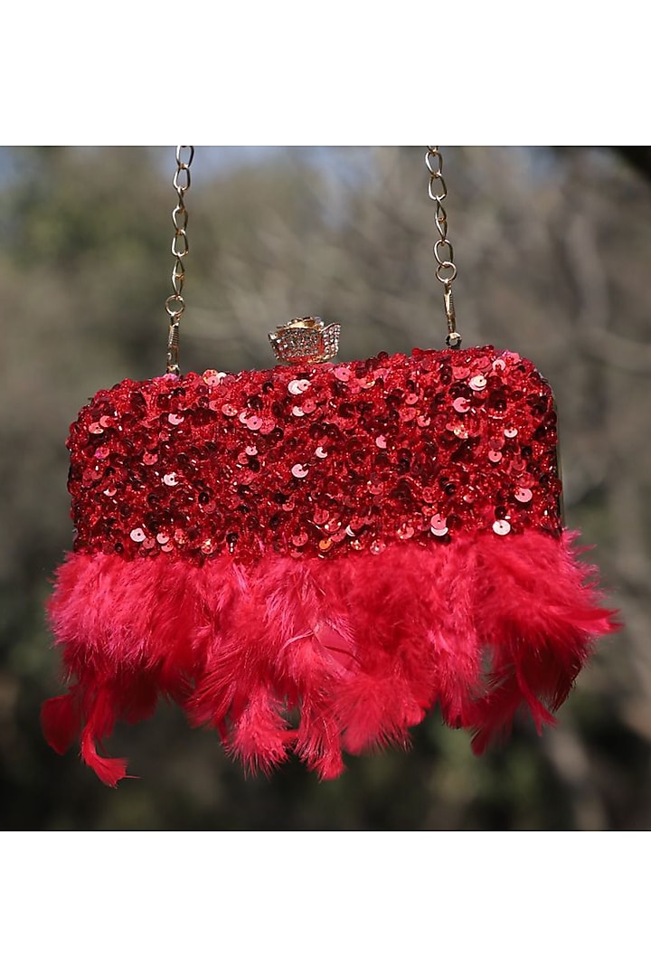 Red Raw Silk Feather Clutch by HANDLE THOSE BAGS