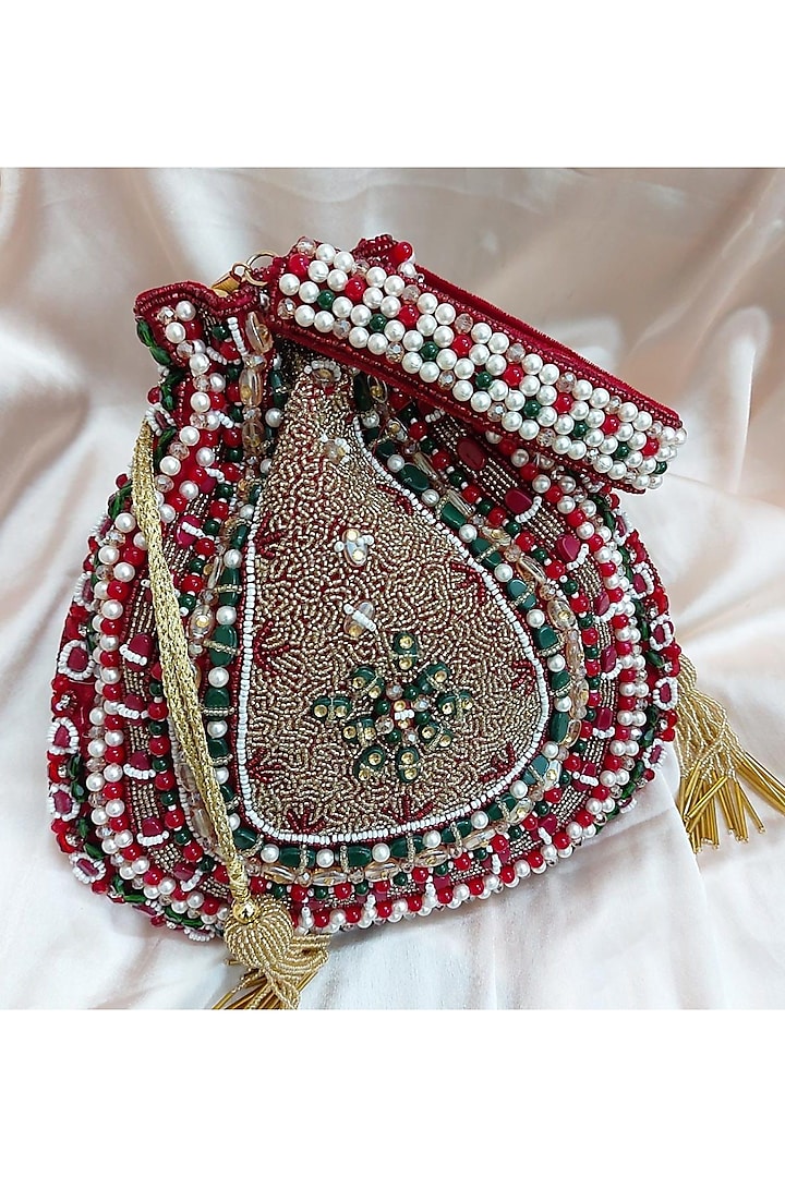 Red Raw Silk Embroidered Potli by HANDLE THOSE BAGS