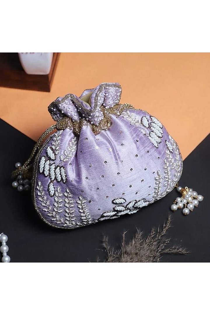Purple Raw Silk Embroidered Potli by HANDLE THOSE BAGS