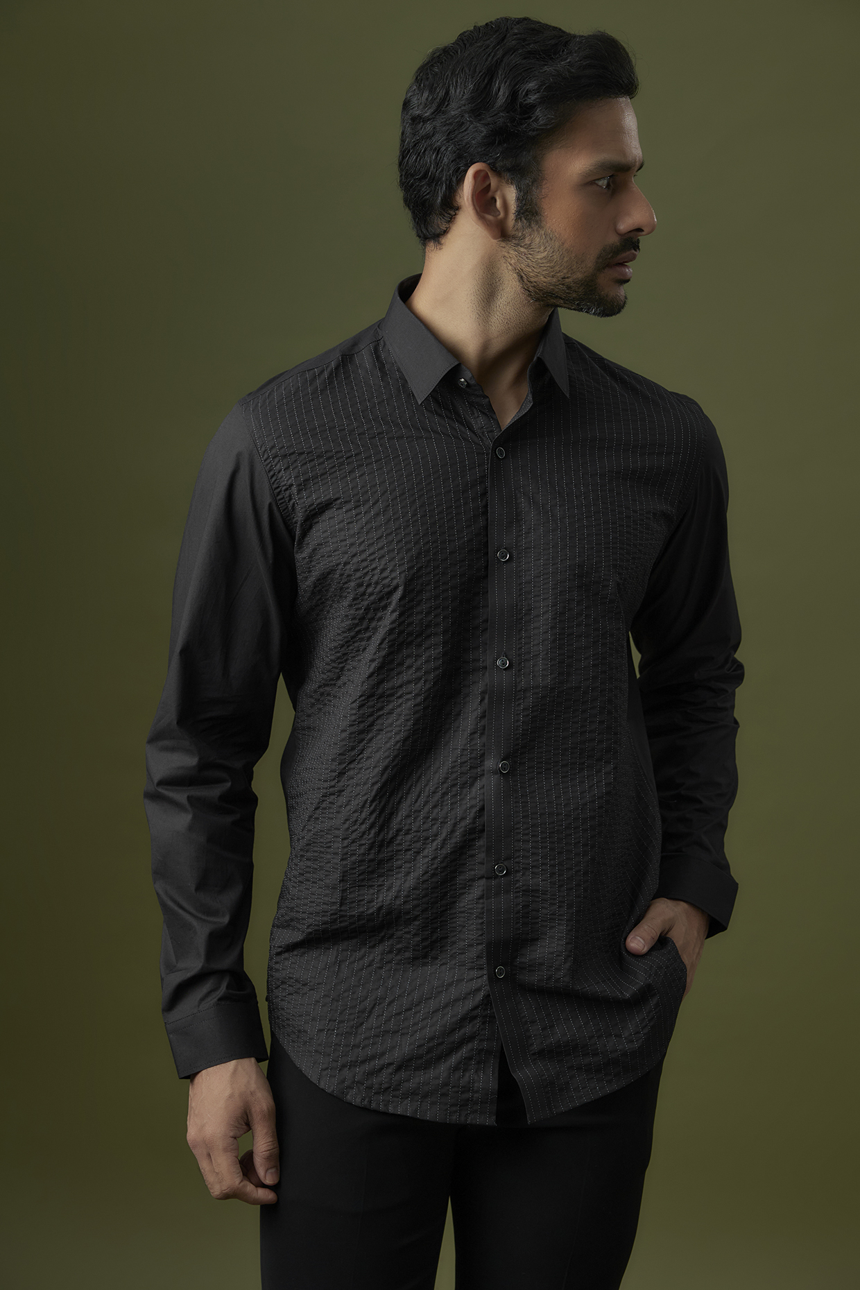 Black Cotton Kantha Embroidered Shirt by H2O