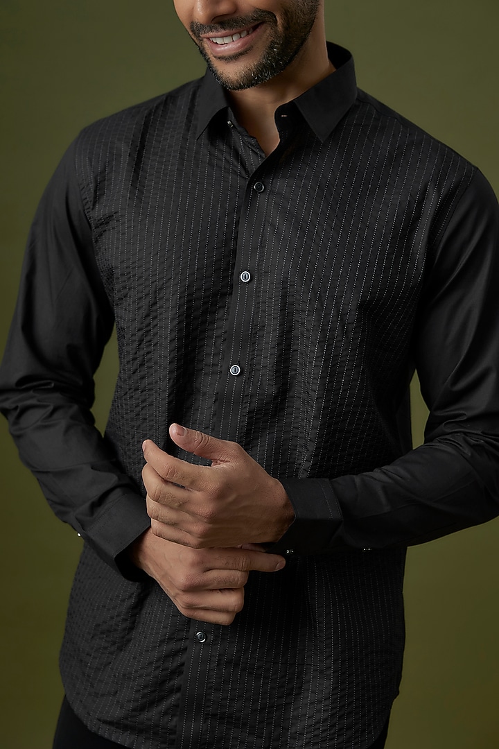 Black Cotton Kantha Embroidered Party Wear Shirt by H2O at Pernia's Pop Up Shop
