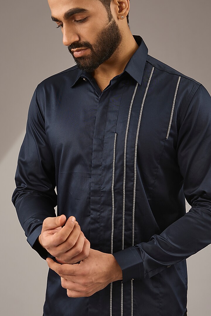 Navy Blue Cotton Party Wear Shirt by H2O at Pernia's Pop Up Shop