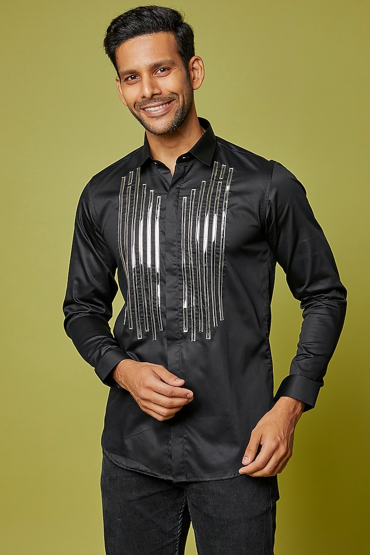 Black Cotton Embroidered Shirt by H2O