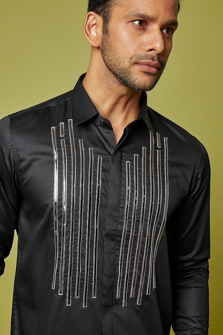 Black Cotton Embroidered Party Wear Shirt by H2O at Pernia's Pop Up Shop