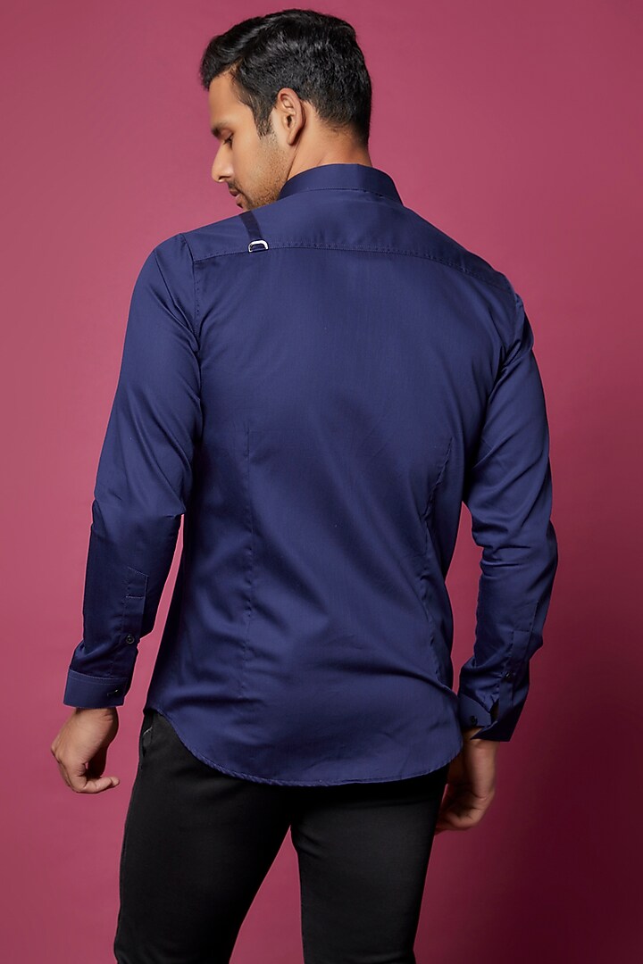 Navy Blue Cotton Blend Party Wear Shirt by H2O at Pernia's Pop Up Shop