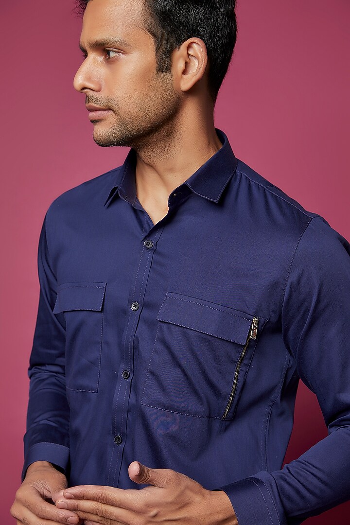 Navy Blue Cotton Blend Party Wear Shirt by H2O at Pernia's Pop Up Shop