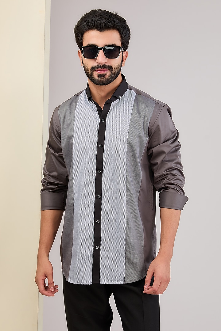 Grey & Black Cotton Party Wear Shirt by H2O at Pernia's Pop Up Shop