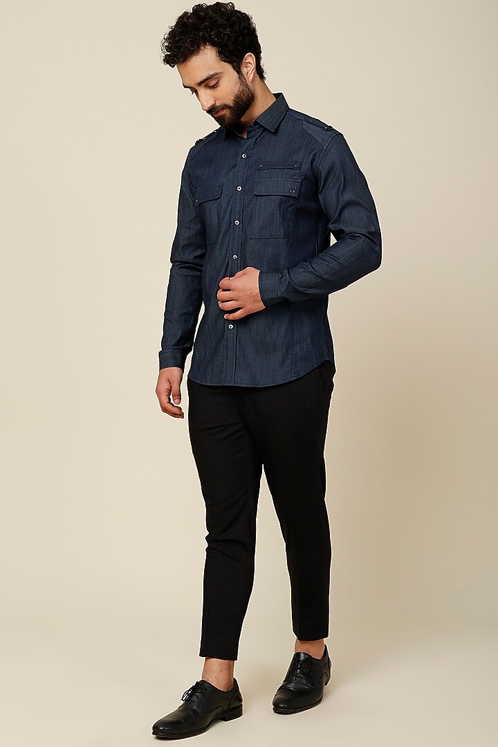 Denim Blue Cotton Blend Party Wear Shirt by H2O at Pernia's Pop Up Shop