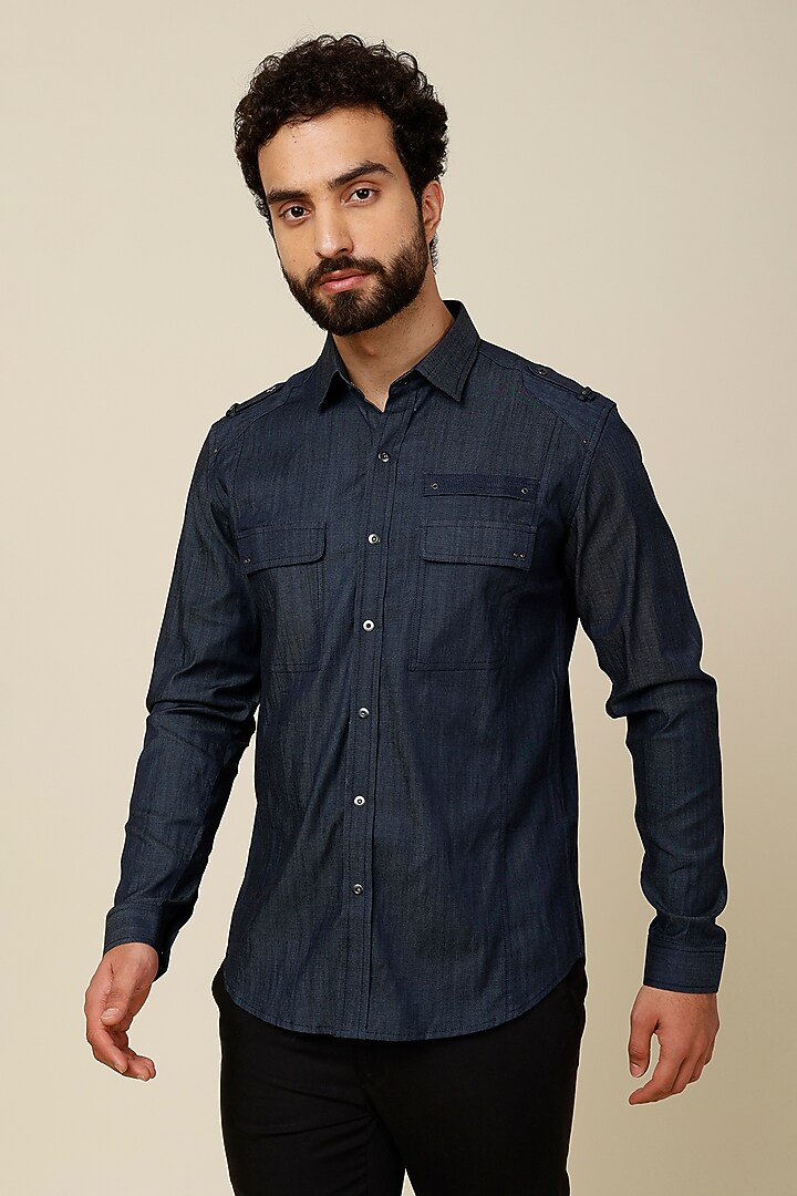Denim Blue Cotton Blend Party Wear Shirt by H2O at Pernia's Pop Up Shop