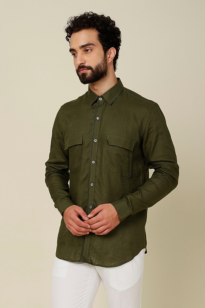 Olive Green Cotton Party Wear Shirt by H2O at Pernia's Pop Up Shop