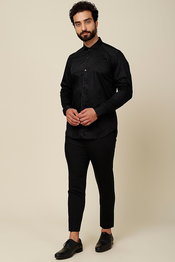 Black Cotton Knitted Shirt by H2O