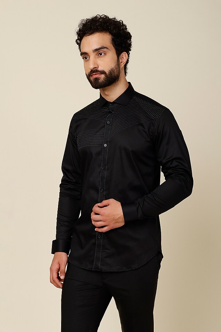 Black Cotton Knitted Party Wear Shirt by H2O at Pernia's Pop Up Shop