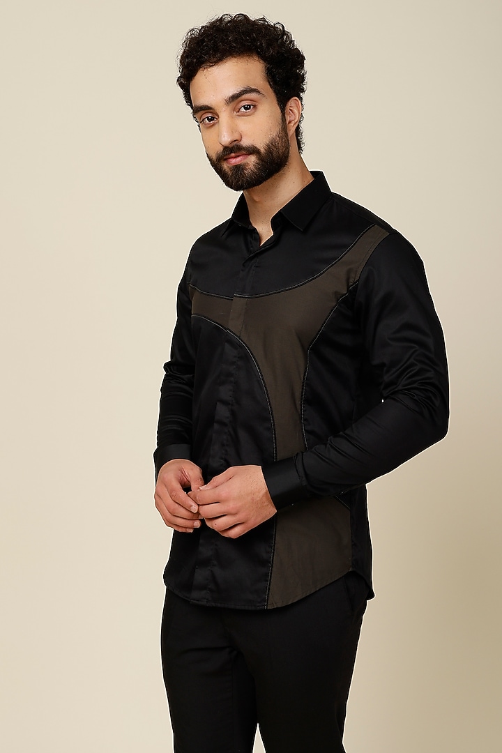Black Color Blocked Cotton Party Wear Shirt by H2O at Pernia's Pop Up Shop