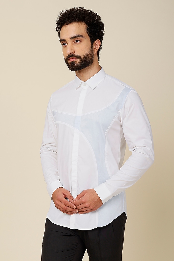 White Cotton Color Blocked Party Wear Shirt by H2O at Pernia's Pop Up Shop